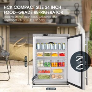 HCK Under Counter Refrigerator, Outdoor Fridge 24 Inch with Stainless Steel Door, Commercial Kitchen Food Refrigerator 5.4 Cu.Ft Capacity for Home Kitchen, Patio, Outdoor, and Food Service Use