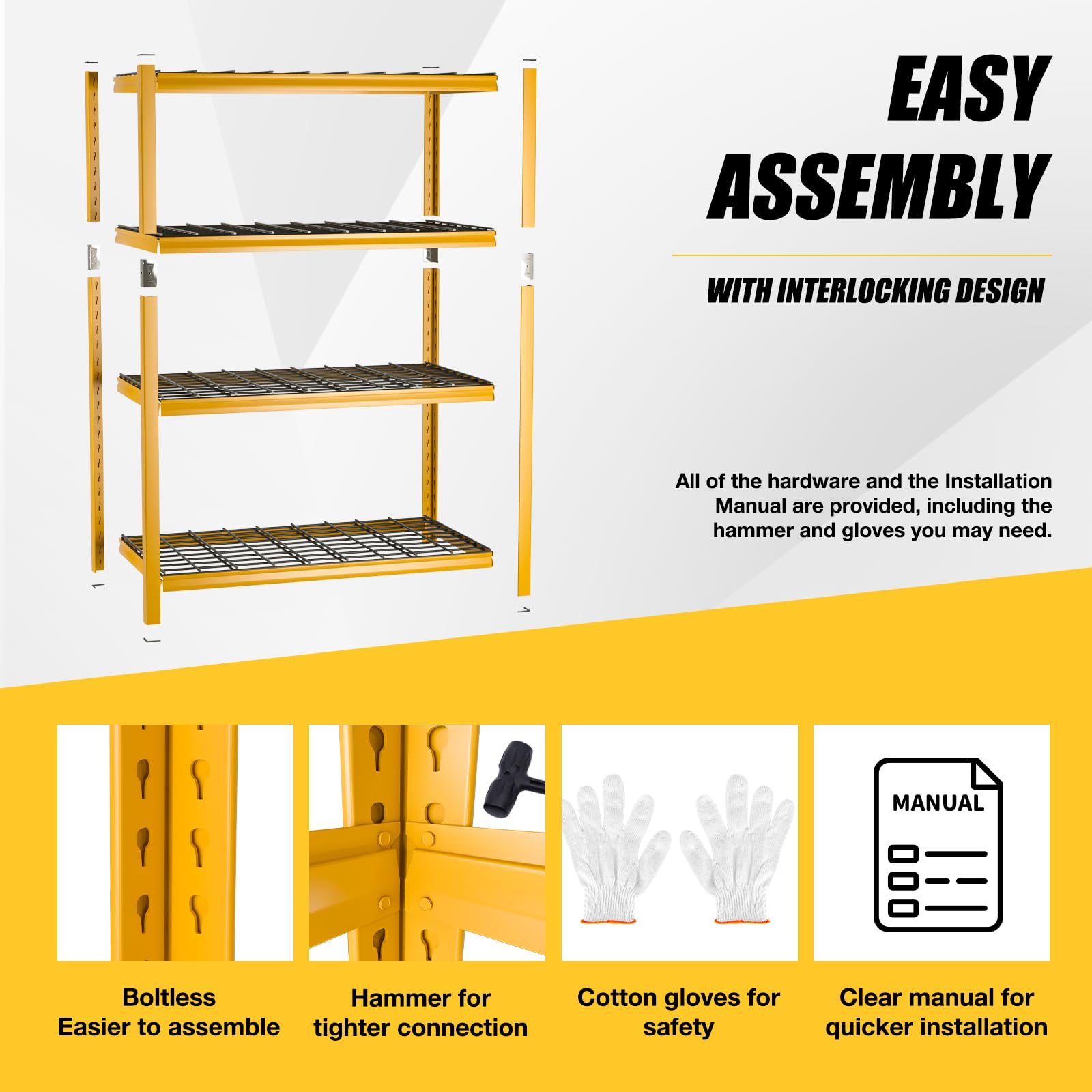 PLAYWUS 40" Garage Shelving, 2400LBS Heavy Duty Storage Rack, 4-Tier Adjustable Metal Wire Shelves, Industrial Shelving Unit for Garage, Kitchen, Living Room, Warehouse, Yellow