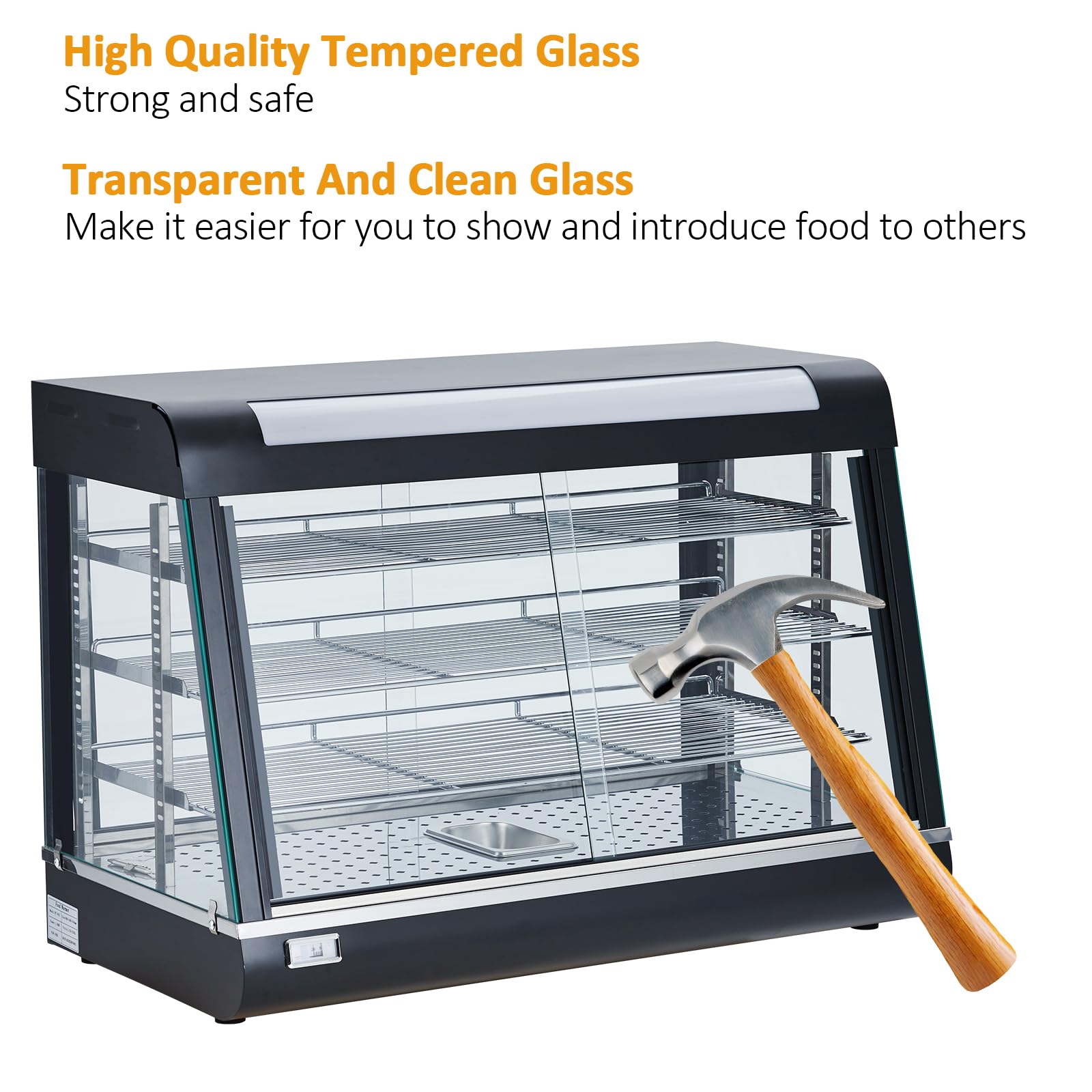 Commercial Food Warmer Display, 35" 3-Layer Pizza Warmer Cabinet with 3D Heating, Countertop Pastry Warmer, Temperature and Light Contral， Stainless Steel Framed Glass Door