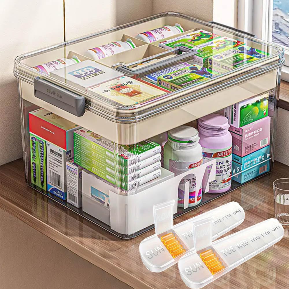 Ledander Portable Medicine Storage Box with Compartments, Clear Plastic (white)