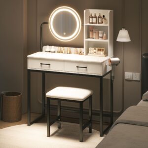 Dowinx Vanity Desk with LED Lighted Mirror & Power Outlet, White Vanity Desk with Adjustable 3 Lighting Modes, Small Vanity Desk for Bedroom, Makeup Vanity with Chair for Girl, White and Black