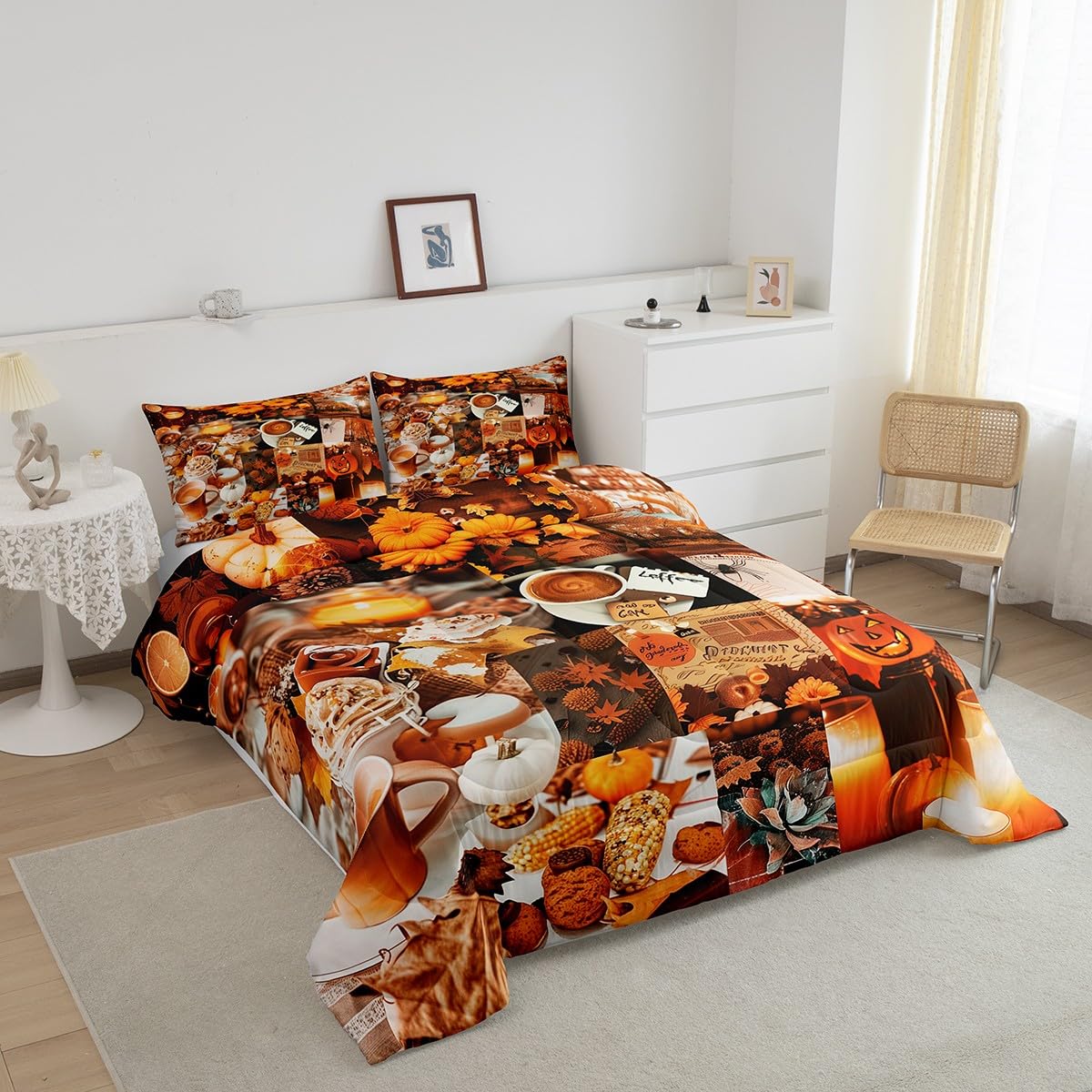 Feelyou Fall Pumpkin Bedding Set Halloween Themed Comforter Set Boys Girls Autumn Maple Leaves Decor Comforter Microfiber Pumpkin Fall Festival Duvet Set Bedroom Quilt Set Twin Size