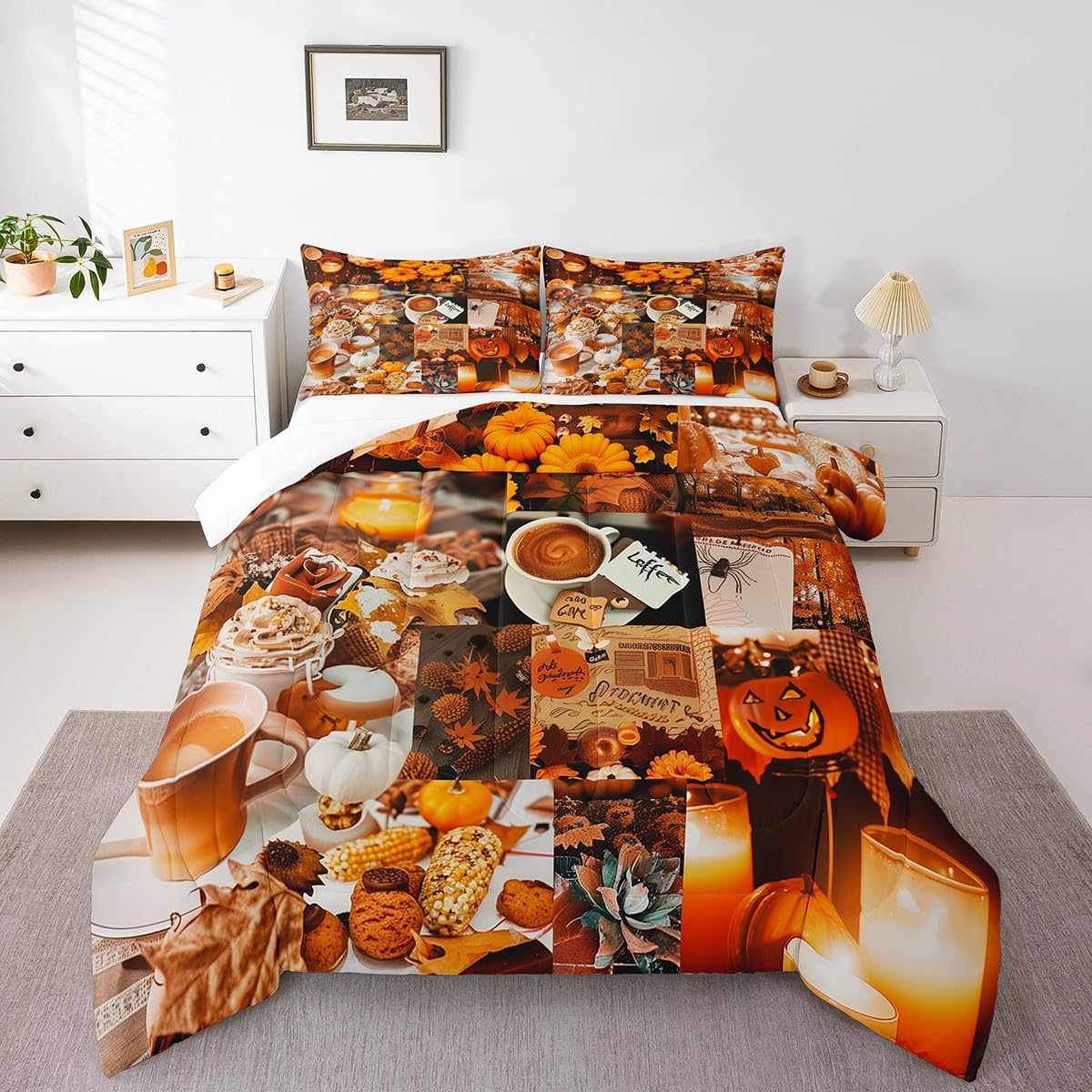 Feelyou Fall Pumpkin Bedding Set Halloween Themed Comforter Set Boys Girls Autumn Maple Leaves Decor Comforter Microfiber Pumpkin Fall Festival Duvet Set Bedroom Quilt Set Twin Size