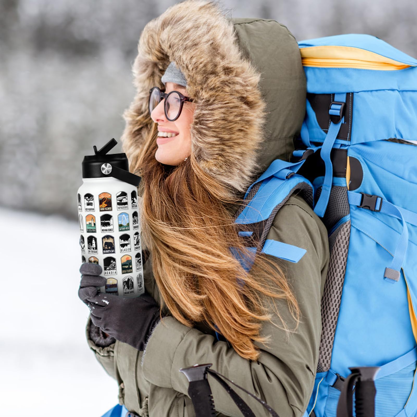 National Parks Water Bottle with Stickers | 32oz Leakproof Insulated Stainless Steel with Straw | Perfect for Hiking, Camping & Travel (Black)