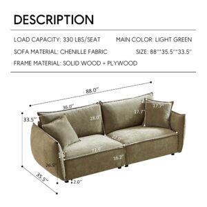 Yoglad 3-Seater Modular Sectional Sofa, Minimalist Style Upholstered Loveseat, Deep Seat Chenille Couch with 2 Pillows, for Living Room Apartment Office (Light Green)