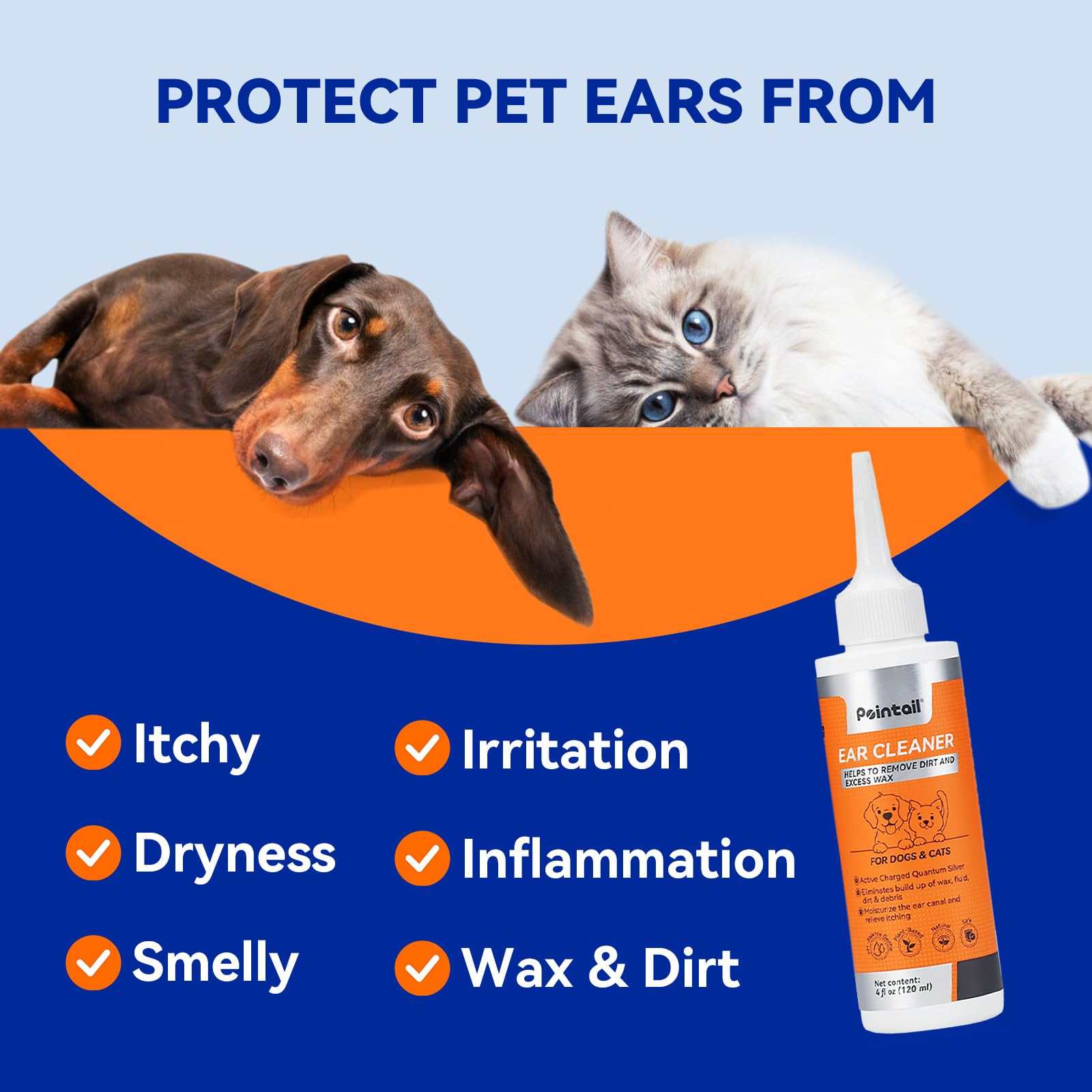 Pointail Dog Ear Cleaner, Dog Ear Infection Treatment, Dog Ear Cleaning Solution with Quantum Silver for Itchy Ear Relief, Cleans The Debris & Buildup, Prevents Dog Ear Infection, 4oz