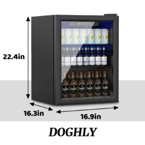 DOGHLY 1.6 Cu.ft Beverage Refrigerator Cooler, 70 Can Mini Fridge with Glass Reversible Door, Digital Temperature Display for Soda, Beer or Wine For Office or Bar with Adjustable Removable Shelves