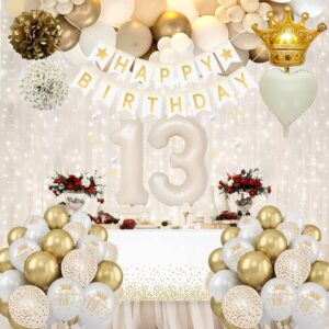 13th Birthday Decorations for Girls, White and Gold Balloons Happy 13th Birthday Decorations Girl, Happy Birthday Banner, Tiara Crown, Sash, Tablecloth Fringe Curtain for Official Teenager Decorations