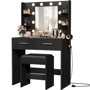 furmax make up vanity desk with mirror and power outlet, vanity with 3 color light options adjustable brightness,vanity desk with 2 drawers, 6 storage shelves (black, with bench)