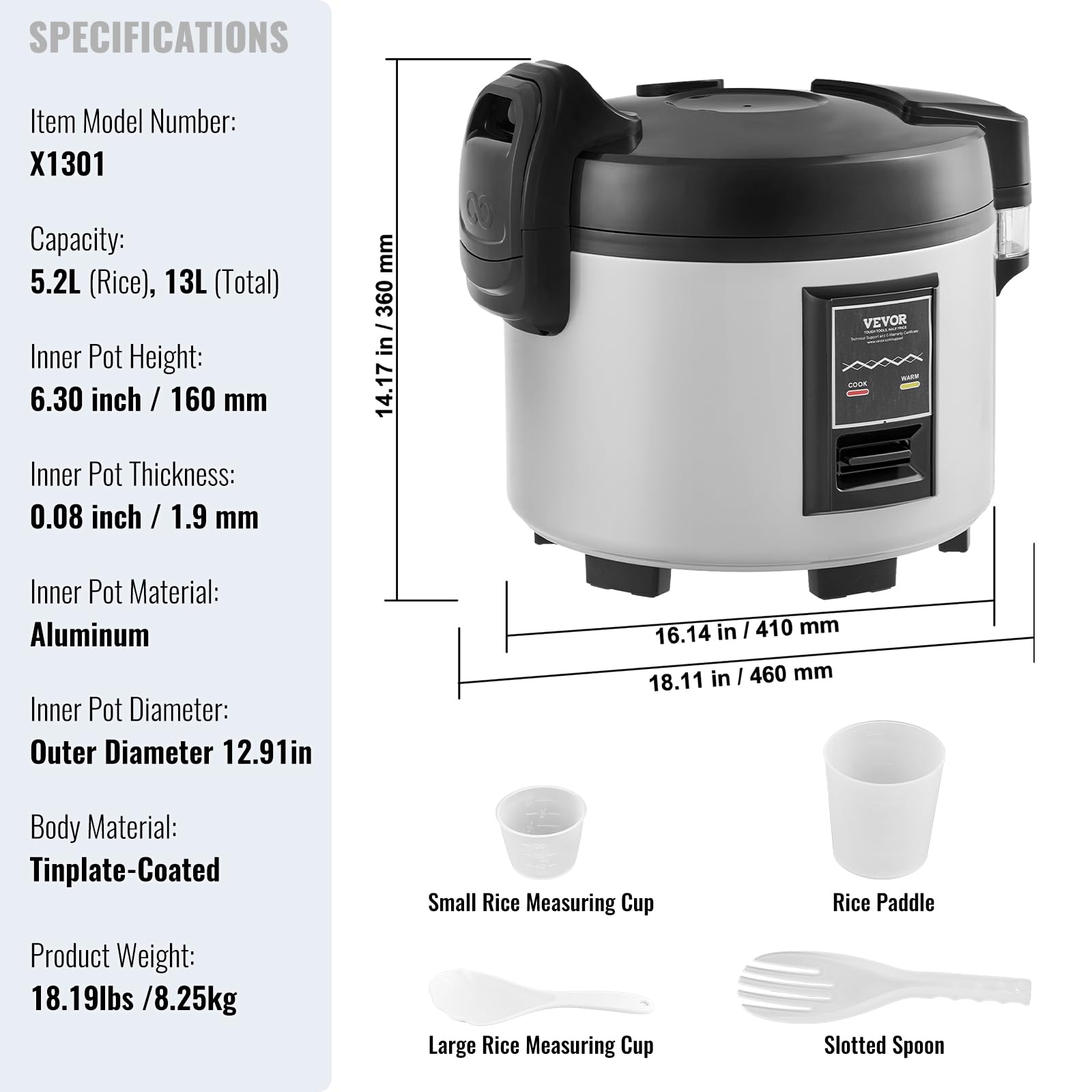 VEVOR Commercial Rice Cooker, 13.74Qt/60 Cups Cooked Rice, Large Rice Cooker and Warmer with Nonstick Inner Pot, Fast Cooking and 12-Hour Keep Warm, with Rice Cup and Paddle, for Restaurant