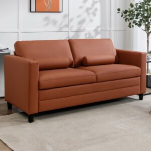 muzz pull out couch queen, modern leather sleeper sofa bed with foldable foam matress, 2 in 1 pull out sofa bed for living room, apartment, office (queen/cognac)