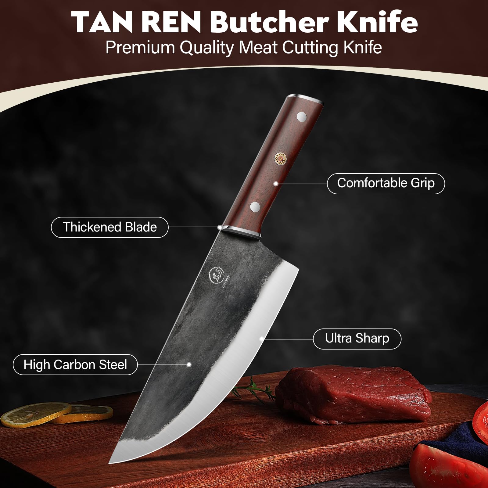 TAN REN 8 Inch Cleaver Knife and 8 Inch Butcher Knife for Meat Cutting, High Carbon Steel Boning Knife, Full Tang Meat Cleaver Knife for Home Kitchen