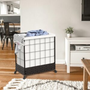 Laundry Hamper with Wheels, 110L(29 Gal.) Large Clothes Hamper with Wood Lid and Wicker Bottom, Rolling Laundry Sorter with Removable Liner Bag for Living Room, Bedroom