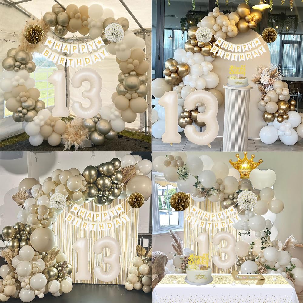 13th Birthday Decorations for Girls, White and Gold Balloons Happy 13th Birthday Decorations Girl, Happy Birthday Banner, Tiara Crown, Sash, Tablecloth Fringe Curtain for Official Teenager Decorations