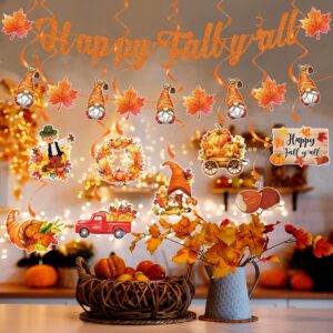 Happy Fall Y'all Decorations, Fall Party Decorations Supplies Glitter Happy Fall Y'all Banner, Pumpkin Maple Leaf Ceiling Hanging Swirls, Maple Garland for Fall Thanksgiving Day