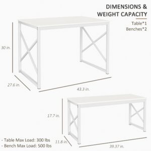 VECELO Kitchen Table with 2 Benches for 4, 43.3'' Wood Dining Room Dinette Sets with Metal Frame for Breakfast Nook and Small Space, White