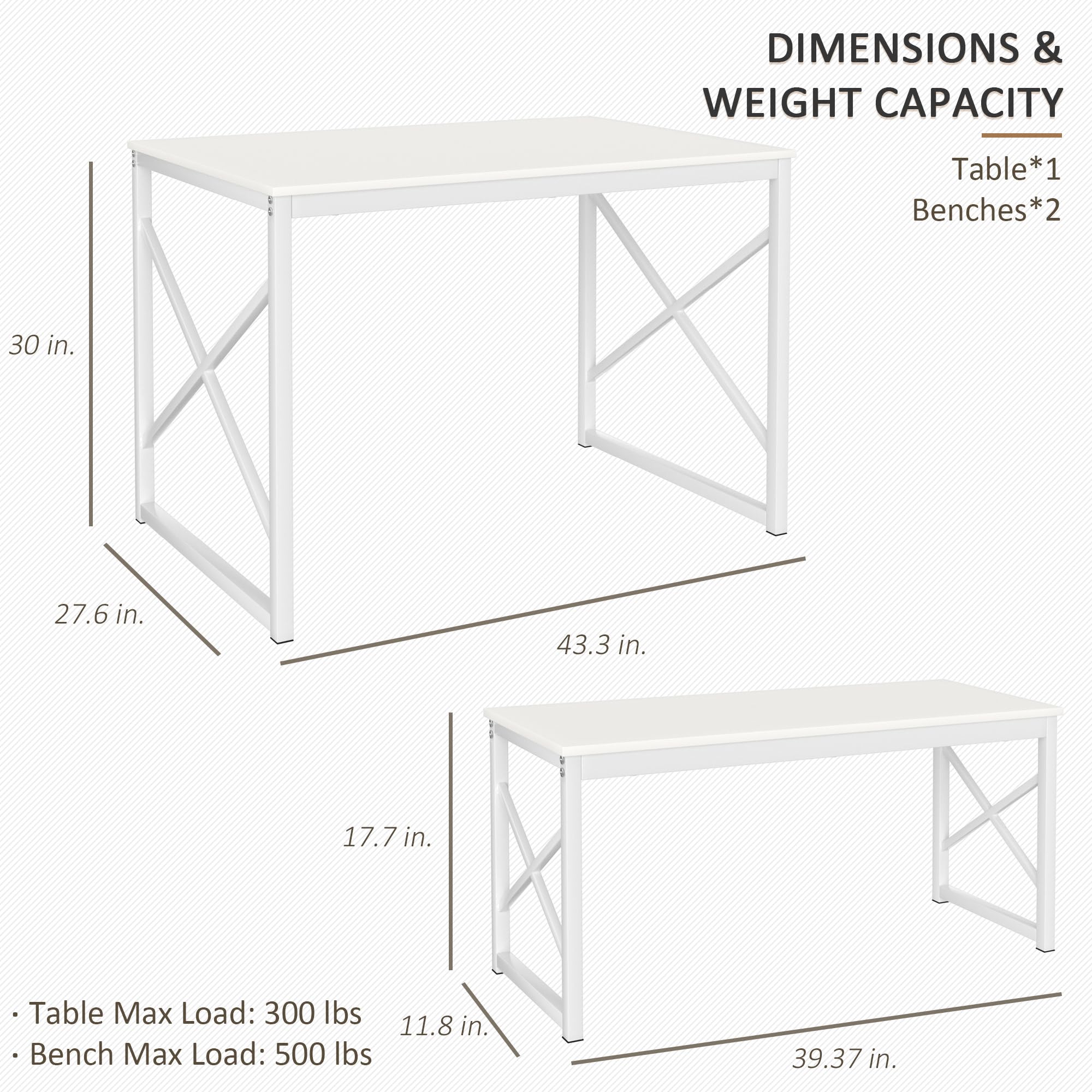 VECELO Kitchen Table with 2 Benches for 4, 43.3'' Wood Dining Room Dinette Sets with Metal Frame for Breakfast Nook and Small Space, White