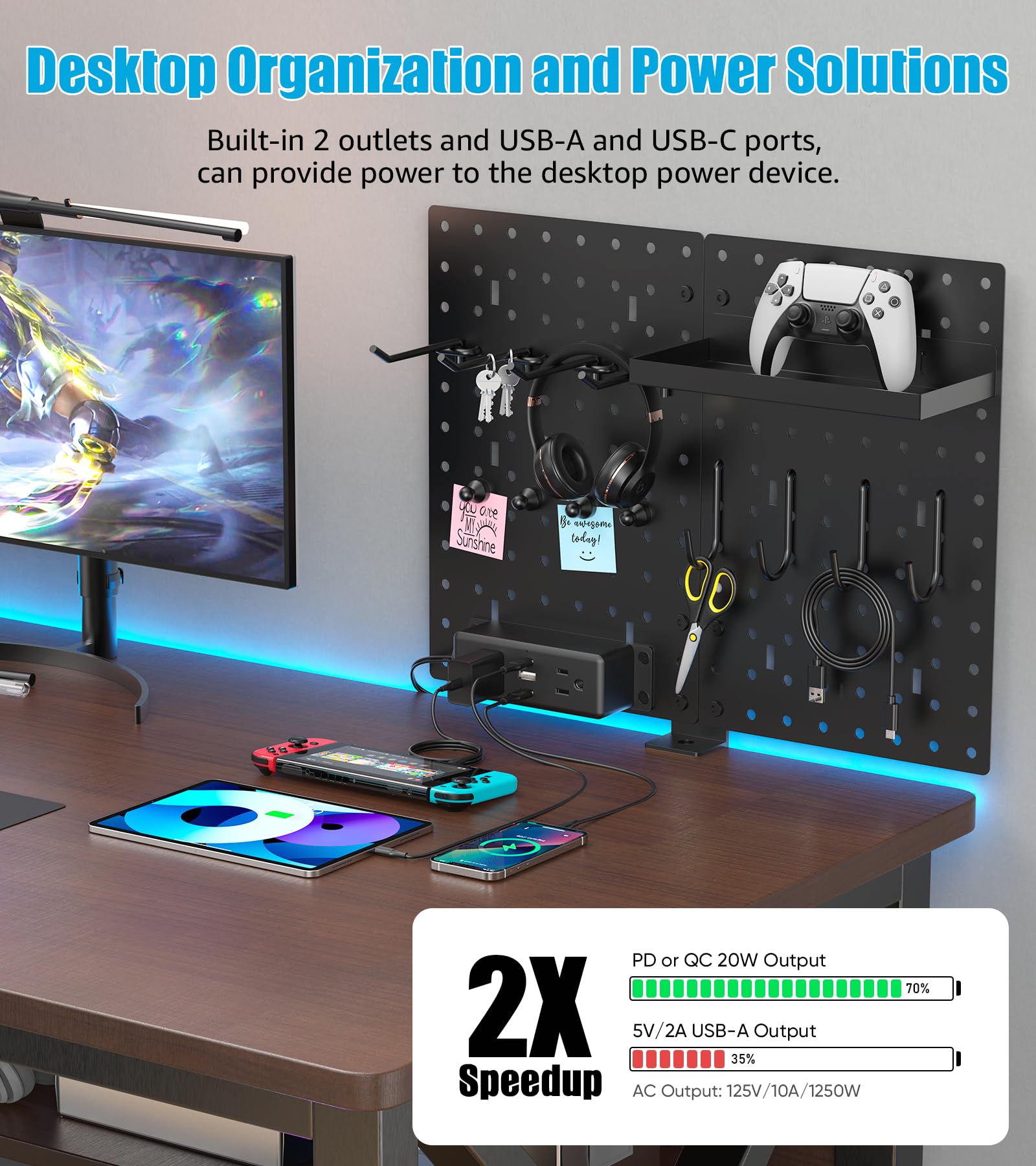 CCCEI Desk Organizer and Storage Pegboard with Charging Station, Gaming Standing Office Supplies Shelf Accessorie, Black Desktop Clamp Peg Board Privacy Organization Panel. Gifts for Men, 6FT.