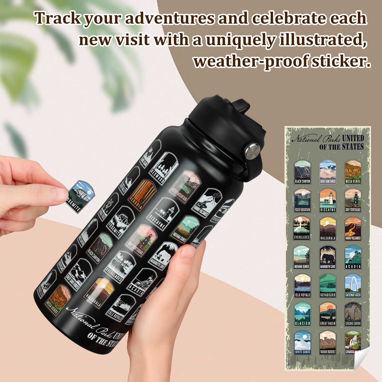 National Parks Water Bottle with Stickers | 32oz Leakproof Insulated Stainless Steel with Straw | Perfect for Hiking, Camping & Travel (Black)