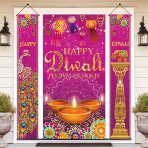 diwali decorations for home, 3pcs diwali door decorations happy diwali banner, indian diwali peacock elephant porch sign, deepawali decorations festival for door wall, diwali door decor