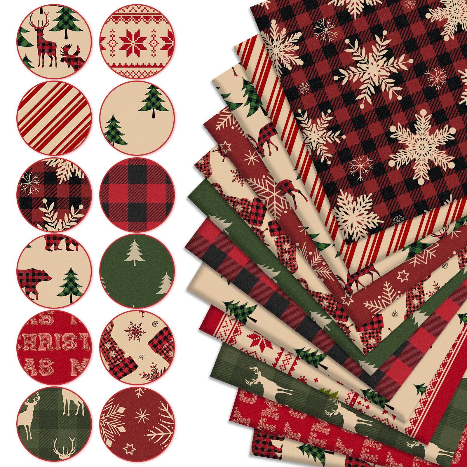 JarThenaAMCS 12Pcs Christmas Cotton Fabric Bundles 18 x 22 Inch Red Green Woodland Fat Quarters Xmas Sewing Fabrics for DIY Craft Party Decor