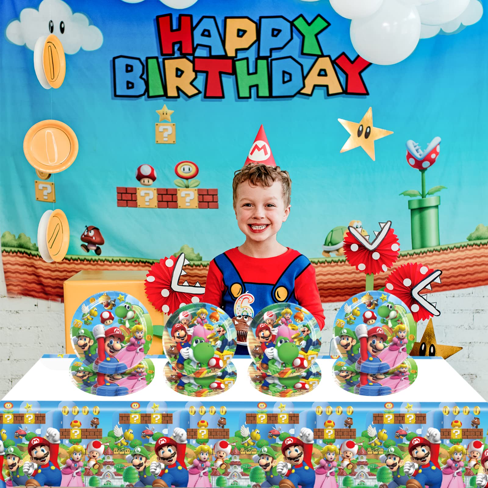 Mario Birthday Party Supplies, 20 Plates, 20 Napkins and 1 Tablecover for Mario Party Supplies, Mario Theme Party Decorations