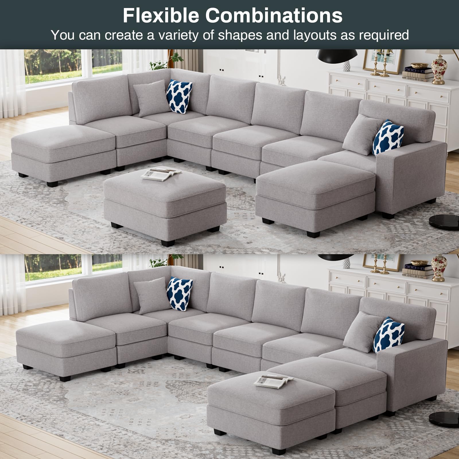 L Lengend Vansen Modular Sectional Sofa U Shaped Sofa Couch with Ottoman Modern Reversible Corner Sectional Couch for Living Room (Light Grey, U Shaped Sofa-4)