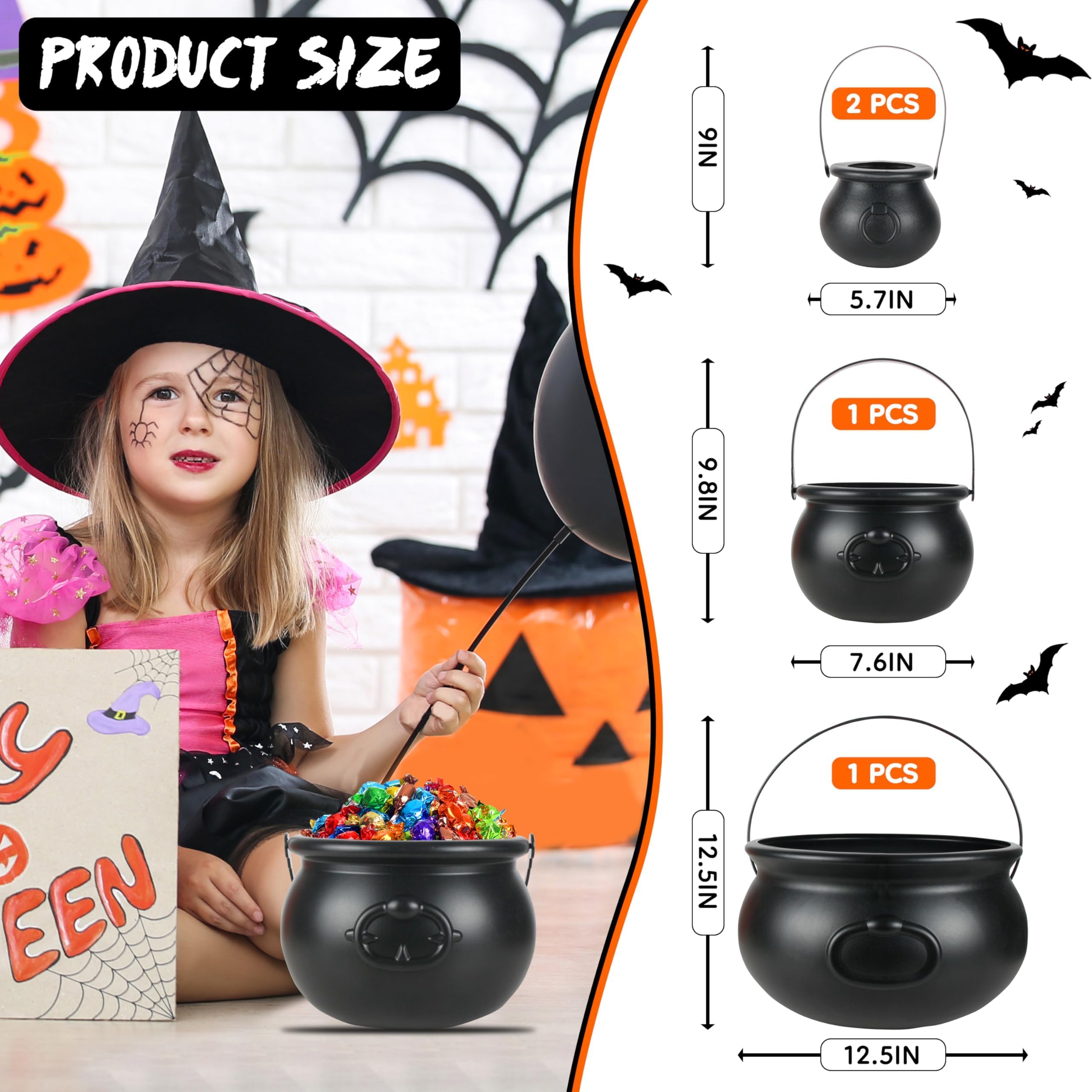 Halloween Large Cauldron Kettles, 4 in 1 [12.6"+7.7" +5.7"+ 5.7 "] Witch Cauldrons, Plastic Black Witch Pot, Treats & Punch Bowl , Candy Holder, Halloween Party Favor for Indoor Outdoor Decoration