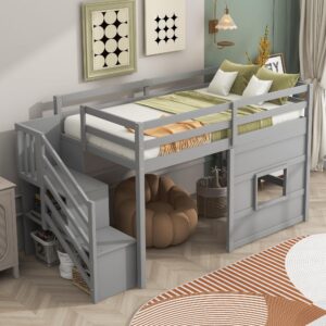 merax twin loft bed with storage staircase and large underbed space for teens, boys, girls, solid wood bedframe & full-length safety guardrails for bedroom, no box spring needed, easy assembly, gray