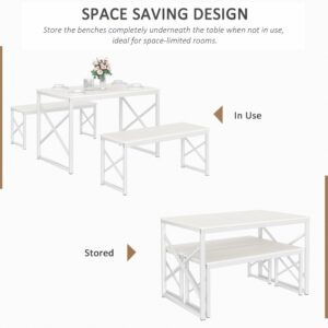 VECELO Kitchen Table with 2 Benches for 4, 43.3'' Wood Dining Room Dinette Sets with Metal Frame for Breakfast Nook and Small Space, White