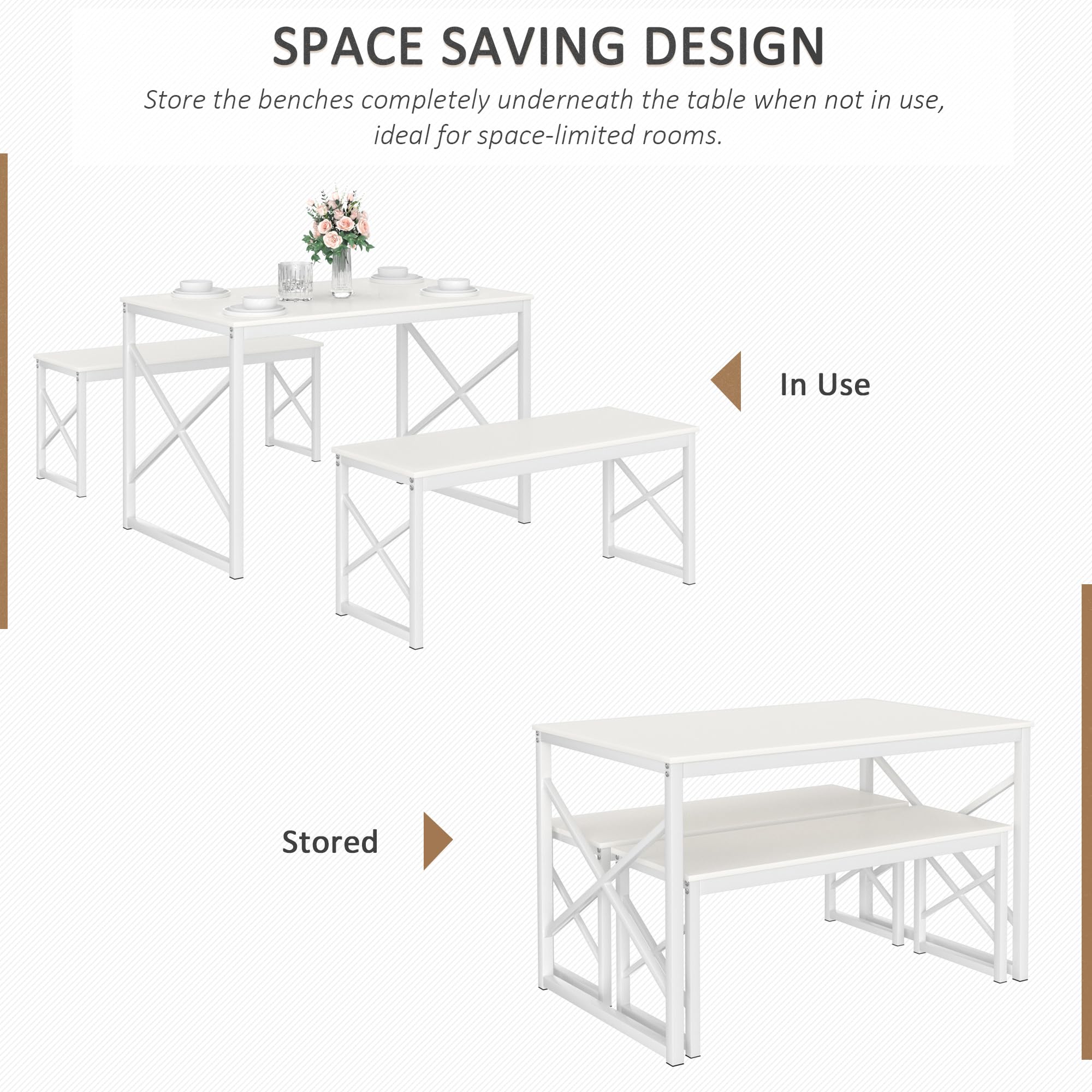 VECELO Kitchen Table with 2 Benches for 4, 43.3'' Wood Dining Room Dinette Sets with Metal Frame for Breakfast Nook and Small Space, White