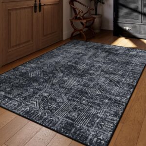 Lahome Black Abstract Rugs for Living Room 5x7, Machine Washable Morden Black Carpet Rug for Bedroom, Neutral Solid Soft Home Office Rugs for Dining Room Apartment