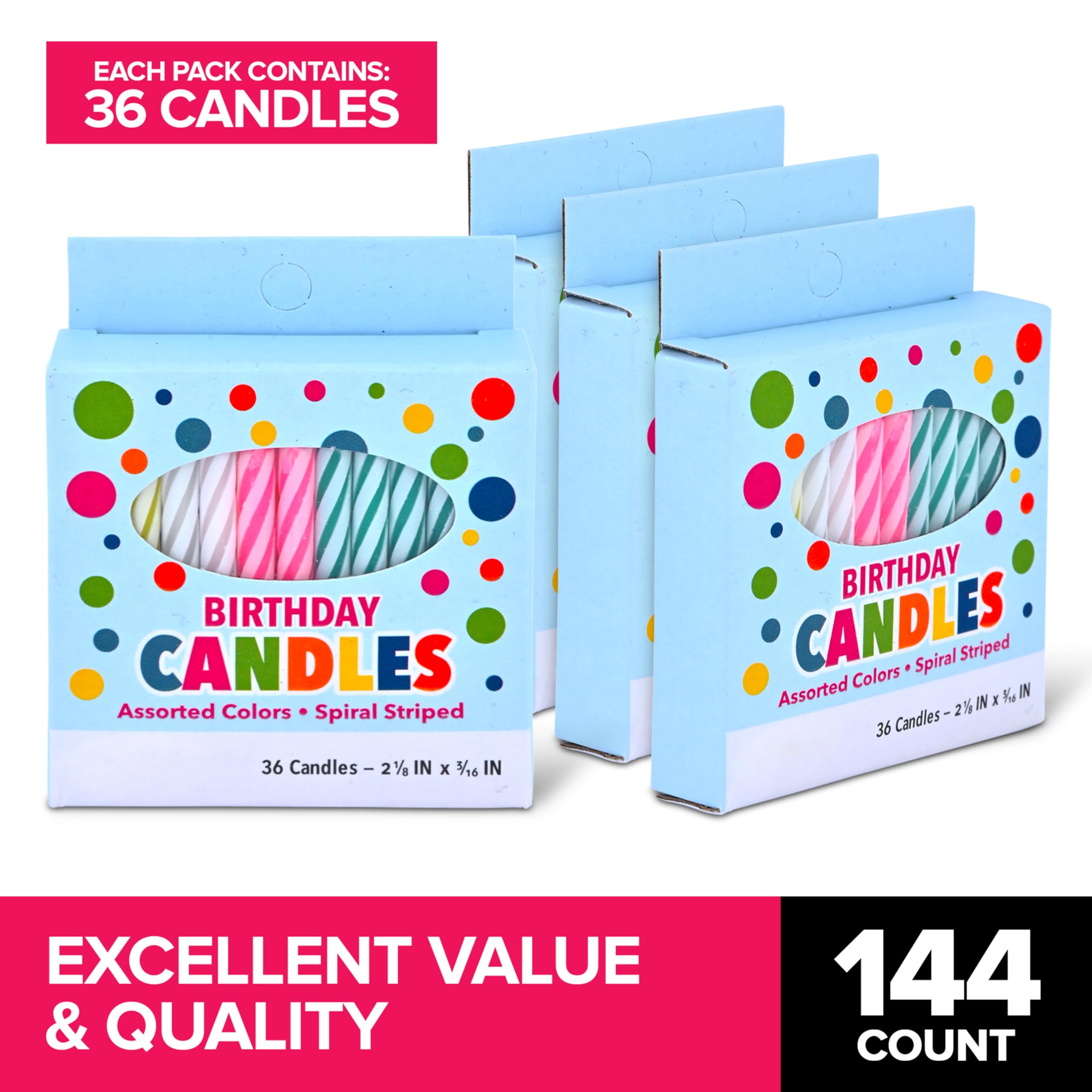 144 Count Birthday Candles, Multi-Color Spiral Candles Bulk Pack, Birthday Candles for Cake and Cupcakes, Candles for Birthday Parties, Holidays, and More! Green, Pink, White, Yellow & Blue