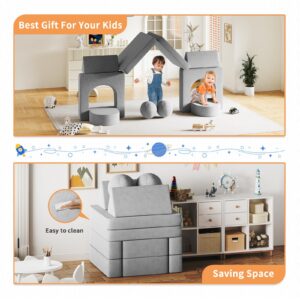 Neoriver Kids Couch, 10PCS Modular Kids Play Couch with 2 Balls and Tunnel, Fold Out Toddler Couch for Playroom Bedroom, Creative Kids Sectional Foam Sofa for Boys and Girls, Grey