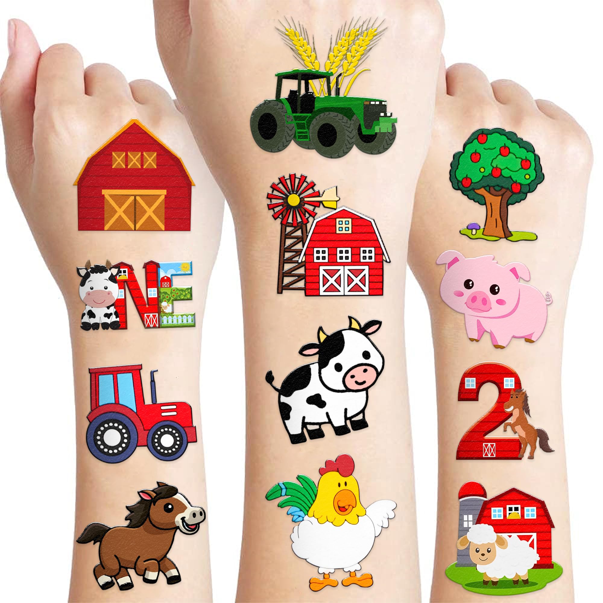 100 PCS Farm Barnyard Animal Temporary Tattoos Sticker One 1st First Two 2nd Farm Birthday Decorations Party Supplies Favors Gift Boys Girls Farmhouse Tractor Cow Pig Horse Tattoo School Reward Themed