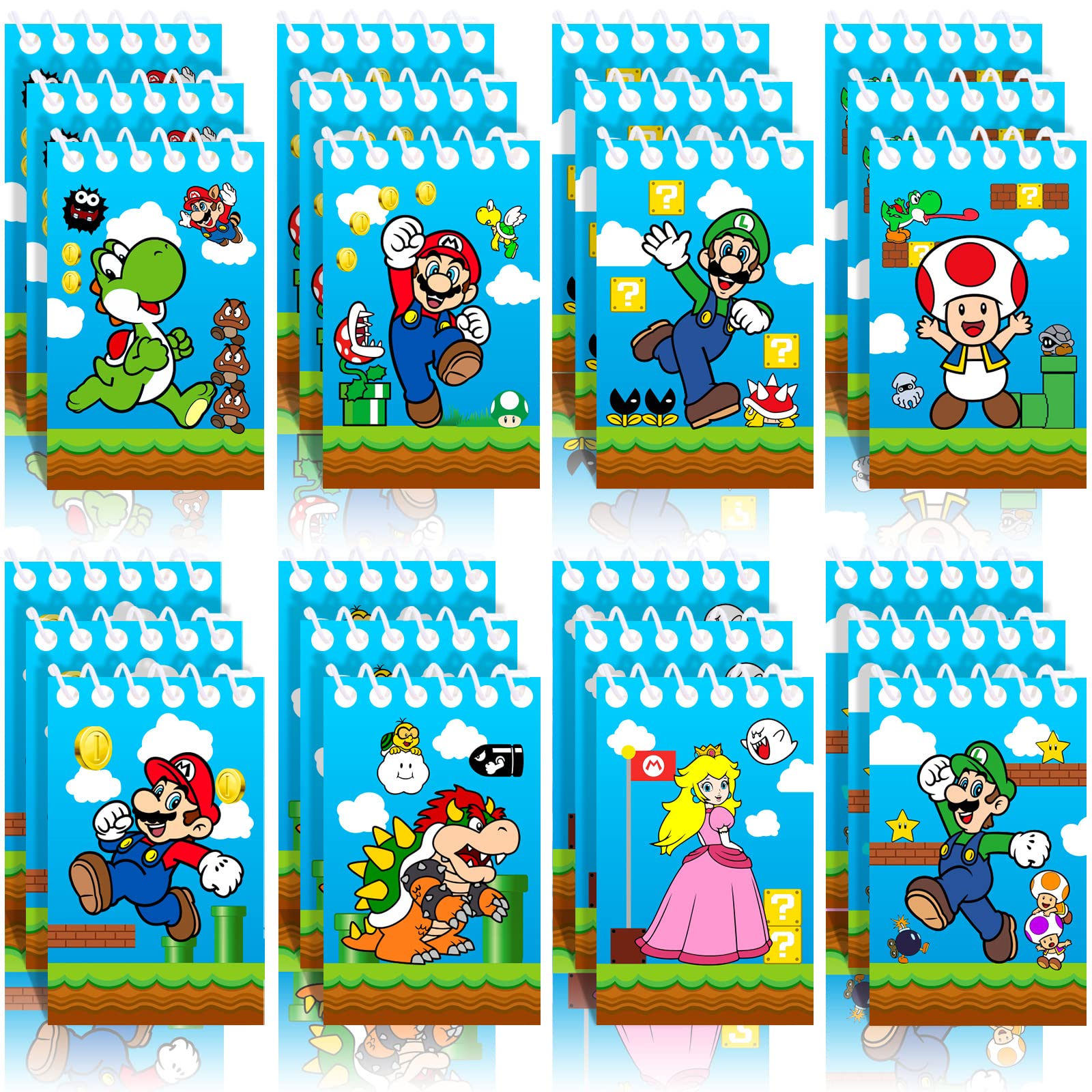 Mario Birthday Party Supplies, 24Pcs Mini Notepads for Mario Birthday Party Favors, Goodie Bag Stuffers, Children Classroom Rewards, 8 Types