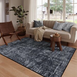 lahome black abstract rugs for living room 5x7, machine washable morden black carpet rug for bedroom, neutral solid soft home office rugs for dining room apartment