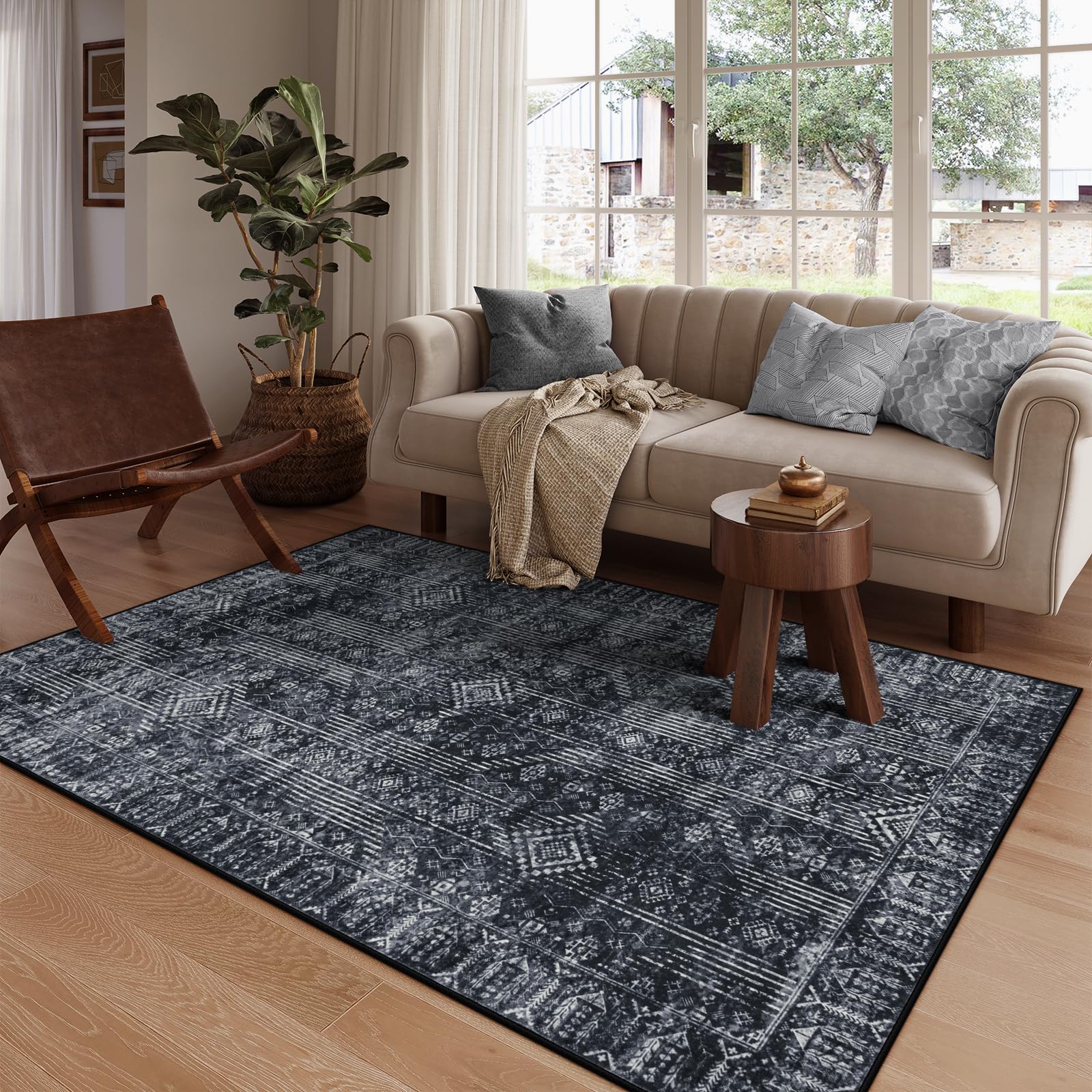 Lahome Black Abstract Rugs for Living Room 5x7, Machine Washable Morden Black Carpet Rug for Bedroom, Neutral Solid Soft Home Office Rugs for Dining Room Apartment