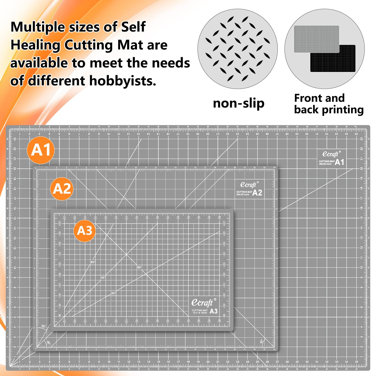 Ecraft Self Healing Cutting Mat:18"x12" Double Sided 5-Ply Hobby Mat, A3 Rotary Cutting Sewing Mat for Crafts, Fabric,Sewing,Quilting,Scrapbooking,Projects,Grey/Black