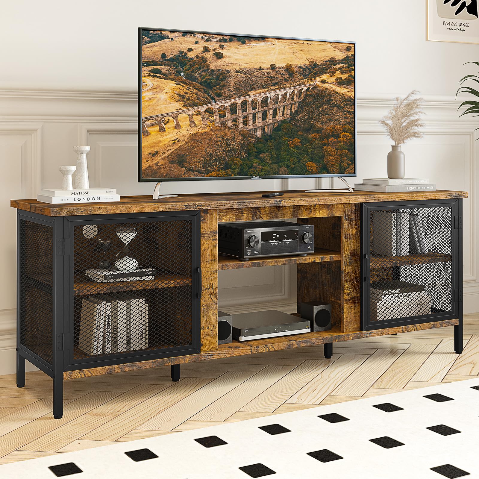 oneinmil Industrial Entertainment Center for TVs up to 65 Inch, Rustic TV Stand with Ample Storage Space, Large TV Cabinet and TV Console for Living Room, Set of Table, Brown