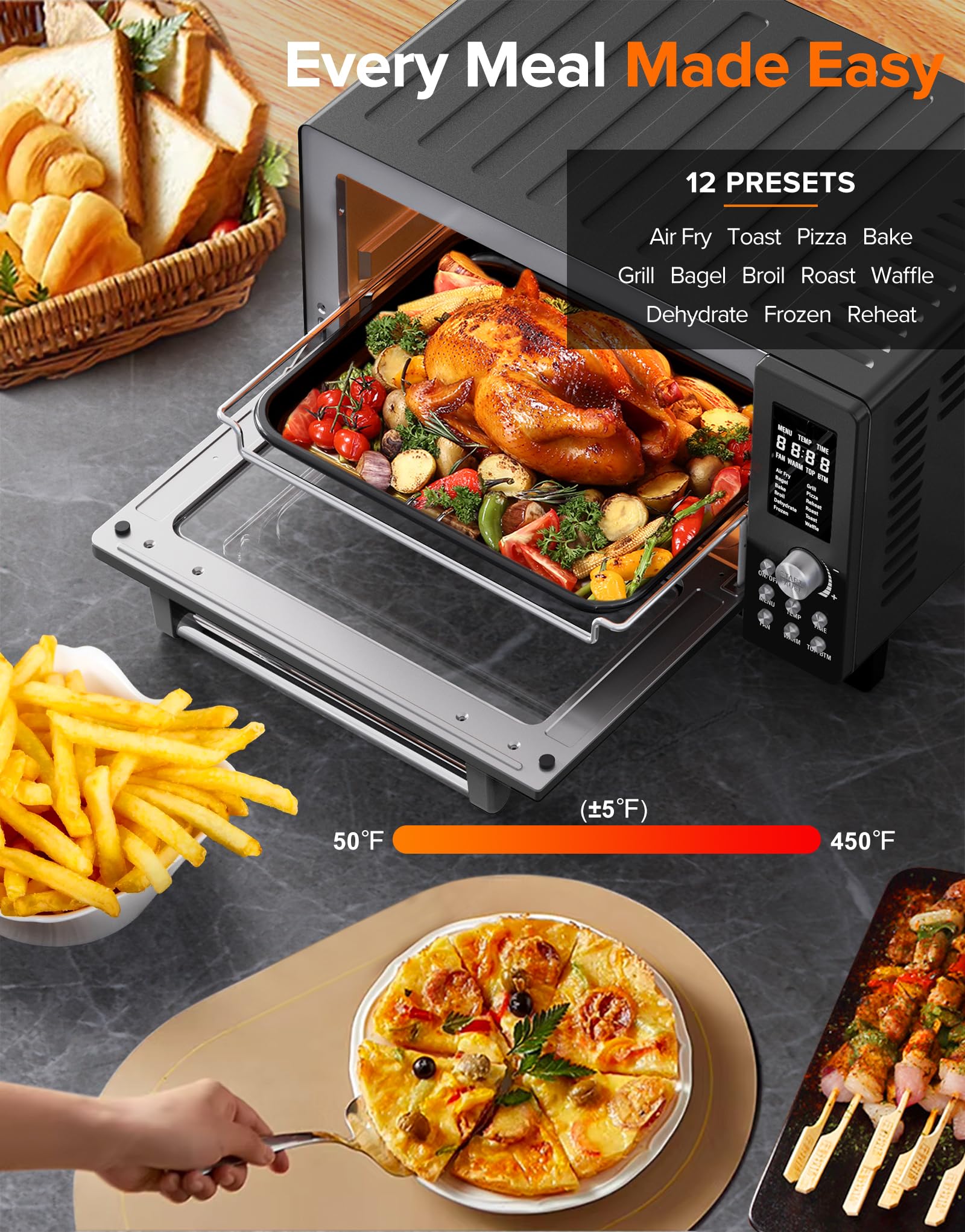 Nuwave Bravo Pro Smart Air Fryer Toaster Oven Combo, Airfryer Convection Oven Countertop, 12-in-1 Functions with Quicker & Even Crisp Technology, 1800W, 50-450°F, PFAS-Free, 21QT, Black