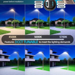 LED Parking Lot Light 320W 250W 200W Adjustable, LED Shoebox Light 5700K 5000K 4500K Arm&Slip Fit Mount, UL DLC Listed Outdoor Pole Light with Photocell, IP65 Commercial Street Area Flood Lighting