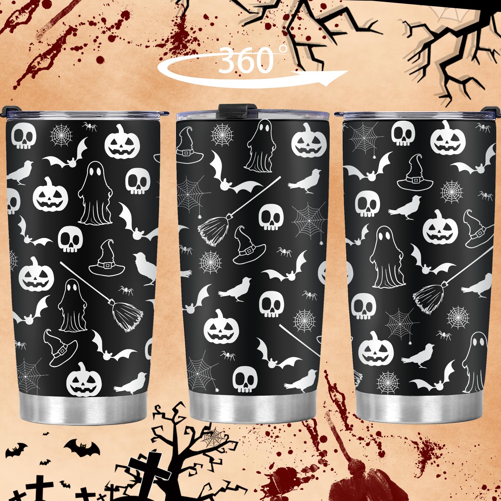 FatWongcoi Halloween Tumbler - Horror Halloween Cups for Women - 20oz Wizard Hat Ghost Skull Bat Stainless Steel Tumbler - Gothic Gift for Her - Spooky Coffee Mug for Friend