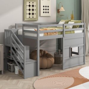 Merax Twin Loft Bed with Storage Staircase and Large Underbed Space for Teens, Boys, Girls, Solid Wood Bedframe & Full-Length Safety Guardrails for Bedroom, No Box Spring Needed, Easy Assembly, Gray