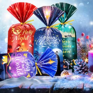 HOWAF 100PCS Holy Nativity Cellophane Gift Bag, Religious Christmas Plastic Goodie Bags for Christian Xmas Holiday Party Supplies, O Holy Night Treat Bags Nativity Scene Candy Bags with Ties