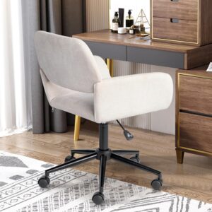 FurnitureR Home Office Chair, Mid Back Fabric Upholstered Vanity Desk Chairs with Rolling Wheels, Adjustable Study Chair Task Chair for Living Room, Bedroom, Small Spaces - Beige