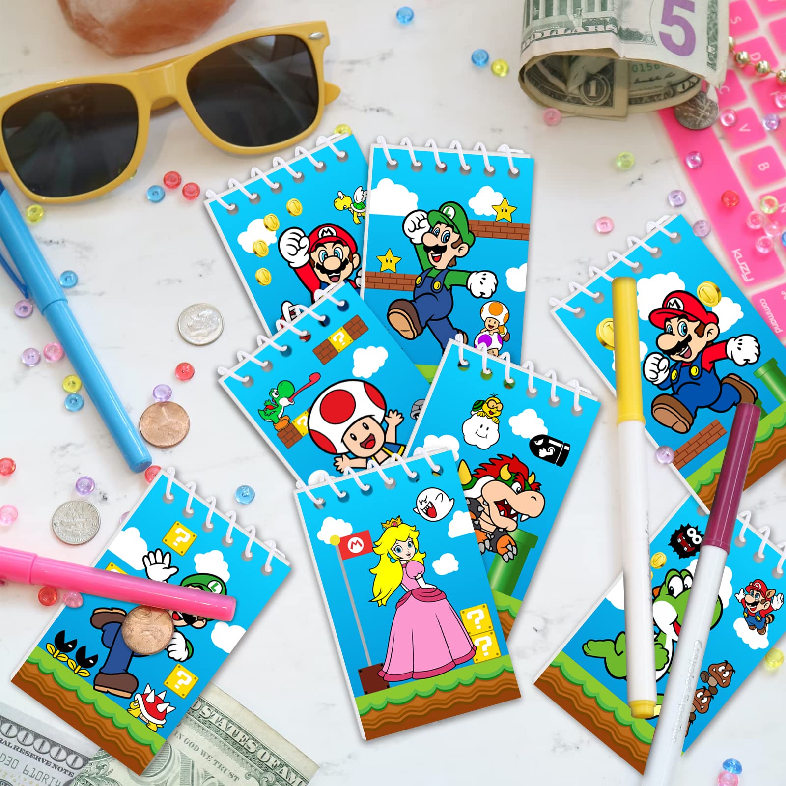 Mario Birthday Party Supplies, 24Pcs Mini Notepads for Mario Birthday Party Favors, Goodie Bag Stuffers, Children Classroom Rewards, 8 Types