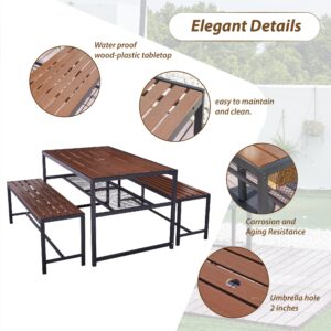 Outdoor Picnic Table and Bench Set with 2" Umbrella Hole and Storage Shelf, Patio Dining Set for 6 People, Outdoor Dining Table and Chair for Garden Yard Porch- Brown