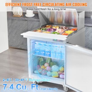 VEVOR 28" Commercial Refrigerator Sandwich & Salad Prep Table, 7.4 Cu. Ft Stainless Steel Refrigerated Food Prep Station with 12 Pans, Cut Board, Frost Free Refrigerator with Lock for Restaurant