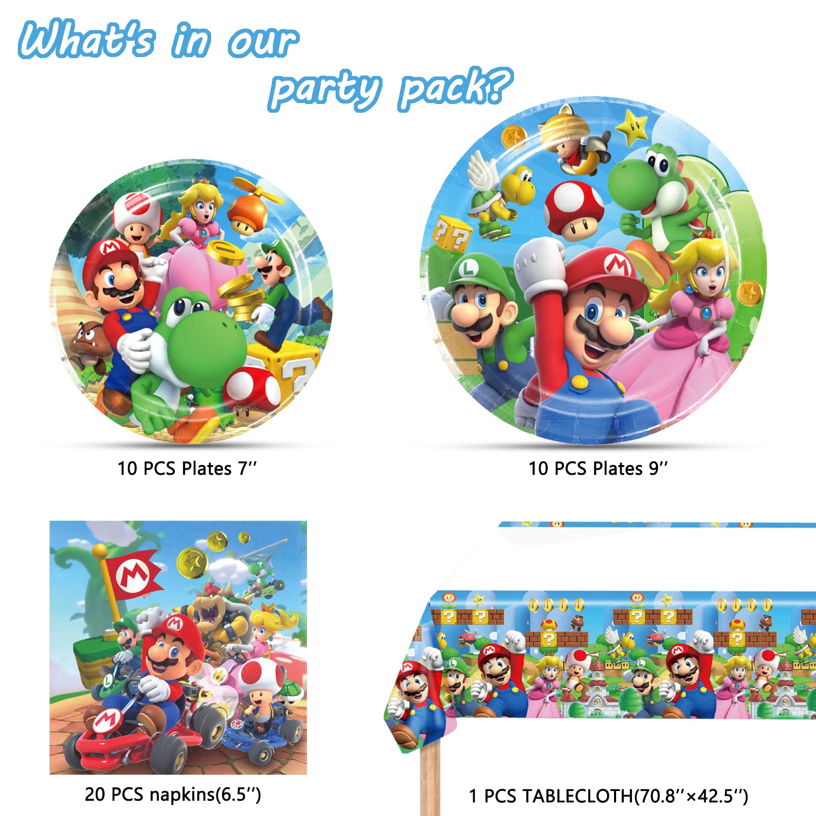 Mario Birthday Party Supplies, 20 Plates, 20 Napkins and 1 Tablecover for Mario Party Supplies, Mario Theme Party Decorations